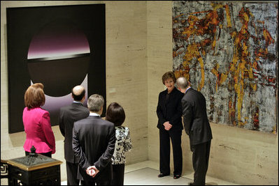 Mrs Laura Bush participates in a tour of the Contemporary Turkish Painting Exhibit Friday January 18, 2007, at the Federal Reserve in Washington, D.C. Mrs. Bush is accompanied on the tour by Nabi Sensoy, Turkish Ambassador to the United States, his wife Gulgun Sensoy, and Ambassador Nancy Brinker, Chief of Protocol of the United States. The tour was led by Dr. Ben Bernanke, Federal Reserve Chairman, and Stephen Phillips, Federal Reserve Fine Arts Director.