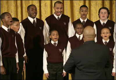 The Richmond Boys Choir, led by Artistic Director Billy Dye, performs during the Coming Up Taller awards ceremony Monday, Jan. 28, 2008, in the East Room of the White House. In thanking the choir afterwards, Mrs. Laura Bush said, "I like that you sang Stevie Wonder's song, "Always," because I think that's what children in each one of these programs that we've represented today will learn in your programs, and that is that somebody will love them always."
