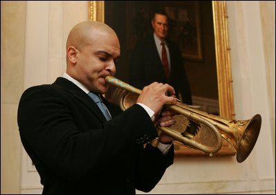 Jazz trumpeter Irvin Mayfield entertains during a reception at the White House, Monday, Jan. 28, 2008, prior to the State of the Union. Mr. Mayfield, a New Orleans native and appointed cultural ambassador for the city, joined Mrs. Laura Bush in the First Lady's Box for the President's address.