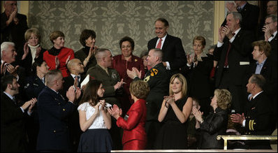 Former Senator Bob Dole and former Cabinet Secretary Donna Shalala are recognized and applauded in the First Lady's box Monday evening, Jan. 28, 2008 at the U.S. Captiol, during the State of the Union Address by President George W. Bush. Dole and Shalala were selected by President Bush to co-chair the President's Commission on Care for America's Returning wound Warriors.