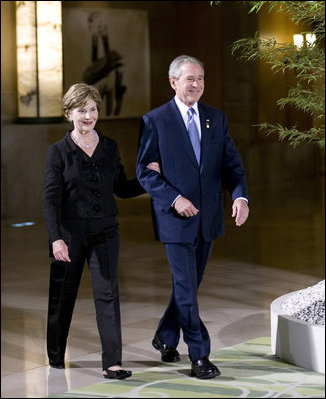 President George W. Bush and Mrs. Laura Bush arrive at the Dinner with G-8 Leaders and Spouses Monday, July 7, 2008, at the Windsor Hotel Toya Resort and Spa in Toyako, Japan.