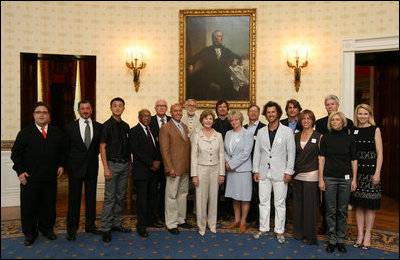Mrs. Laura Bush poses with the winners of the 2008 Cooper-Hewitt National Design Awards at the White House on July 14, 2008. The awards are given in various disciplines such as communications, architecture, landscape, product, interior, fashion and people's design as well as in lifetime achievement, corporate achievement, special jury commendation. They awards are a tool to increase national awareness of design by promoting excellence, innovation and lasting achievement. The award program was first launched in 2000 at the White House as an official project of the White House Millennium Council.