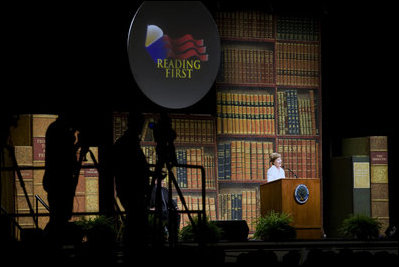 Mrs. Laura Bush addresses 5,400 participants on Monday, July 28, 2008 at the Fifth Annual Reading First National Conference at the Gaylord Opryland Resort & Convention Center in Nashville, Tenn.