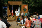 Mrs. Laura Bush addresses her remarks Monday, July 28, 2008, during a visit to the Carl Sandburg Home National Historic Site in Flat Rock, N.C., announcing a $50,000 grant to benefit the Junior Ranger program at the historic site.