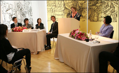 Mrs. Laura Bush addresses the Za in Proti (ZIP) student event Tuesday, June 10, 2008 in Kranj, Slovenia, joined by Slovenia's First Lady Barbara Miklic Turk, right.