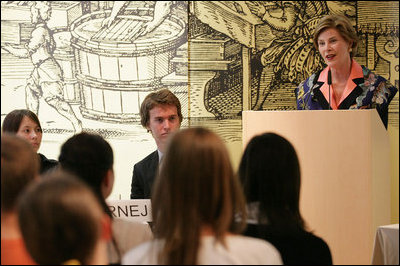 Mrs. Laura Bush addresses the Za in Proti (ZIP) student event Tuesday, June 10, 2008 in Kranj, Slovenia.