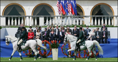 President George W. Bush and Mrs. Laura Bush attend the Lipizzaner Horse Exhibition Tuesday, June 10, 2008, at Brdo Castle in Kranj, Slovenia.