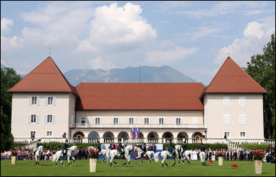 President George W. Bush and Mrs. Laura Bush attend the Lipizzaner Horse Exhibition Tuesday, June 10, 2008, at Brdo Castle in Kranj, Slovenia.