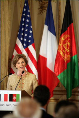 Mrs. Laura Bush delivers remarks during reception with United States - Afghan Donor's Conference Wednesday, June 11, 2008, at the Ambassadors Residence in Paris.