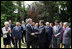 President George W. Bush and French President Nicolas Sarkozy shake hands following the unveiling of the Flamme de la Liberté sculpture Saturday, June 14, 2008, at the U.S. Ambassador's residence in Paris.