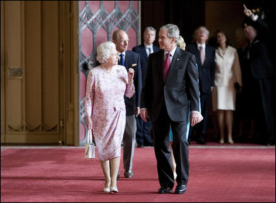President George W. Bush and Laura Bush visit with Queen Elizabeth II and the Duke of Edinburgh Prince Phillip in St. George's Hall at Windsor Castle in Windsor, England.