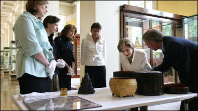 Mrs. Laura Bush is shown artifacts from the Afghani and Burmese Collections at the British Museum in London on Monday, June 16, 2008.