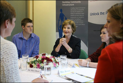 Mrs. Laura Bush meets Monday, June 16, 2008, with key members of the Community Foundation for Northern Ireland's Youthbank Program in Belfast. 