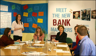 Mrs. Laura Bush participates in a Northern Ireland Youthbank training activity in Belfast, Northern Ireland, Monday, June 16, 2008. The Youthbank students review a grant application and then vote on accepting or declining the application for funding. 
