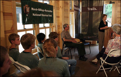 Mrs. Laura Bush delivers remarks during an Active Trails! event at Marsh-Billings-Rockefeller National Historical Park Monday, June 23, 2008, in Woodstock, Vt. Also shown are Rolf Diamant, Superintendent of Marsh-Billings-Rockefeller National Historical Park, and Vin Cipolla, President of the National Parks Foundation. Mr. Cipolla just announced a $50, 000 grant from the National Park Foundation to the Marsh-Billings-Rockefeller National Historical Park to connect the Forest Center to the Woodstock Trails Network.