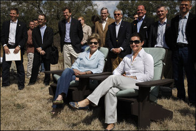 Mrs. Laura Bush and Anne-Mette Rasmussen, wife of Denmark Prime Minister Anders Fogh Rasmussen, attend a joint press availability at The Bush Ranch in Crawford, Texas, Saturday, March 1, 2008, in Crawford, Texas. 