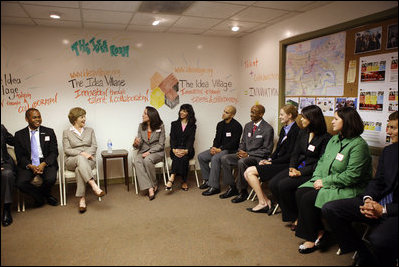 Mrs. Laura Bush meets with New Orleans' young professional leaders during a discussion Monday, March 3, 2008 in New Orleans, to highlight the upsurge in civic involvement and the grassroots leadership of young professionals to help rebuild their community.