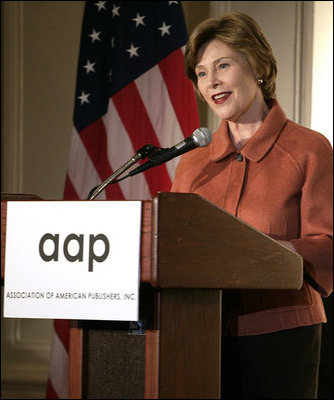 Mrs. Laura Bush addresses the 2008 Annual Meeting of the Association of American Publishers at the Yale Club in New York City Wednesday, March 5, 2008. Mrs. Bush told the group, "Thank you to each one of you for raising awareness about the benefits and the necessity of literacy. We owe our future to people like you, who appreciate and facilitate the wonders of a good book, who call attention to the immense blessings of reading, and who tap the resources of great writers and pour them into books for the rest of us to read." 