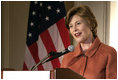 Mrs. Laura Bush addresses the 2008 Annual Meeting of the Association of American Publishers at the Yale Club in New York City Wednesday, March 5, 2008. Mrs. Bush told the group, "Thank you to each one of you for raising awareness about the benefits and the necessity of literacy. We owe our future to people like you, who appreciate and facilitate the wonders of a good book, who call attention to the immense blessings of reading, and who tap the resources of great writers and pour them into books for the rest of us to read." 