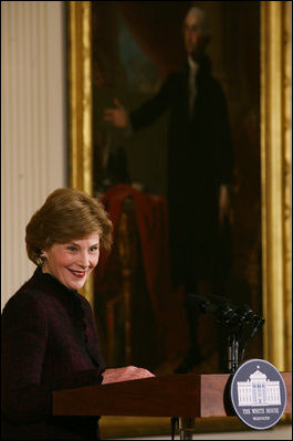 Mrs. Laura Bush welcomes guests Friday, March 7, 2008, to the East Room of the White House for a scene performance of Chasing George Washington: A White House Adventure. Mrs.Bush also spoke about the importance of learning through the arts and in support of the Kennedy Center/White House Historical Association theater series.