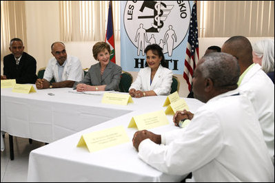 Mrs. Laura Bush attends a briefing Thursday, March 13, 2007 at the GHESKIO HIV/AIDS Center in Port-au-Prince, Haiti. GHESKIO is a participant in the President's Emergency Plan for AIDS Relief (PEPFAR), which has contributed approximately $365 million to fight HIV/AIDS in Haiti.