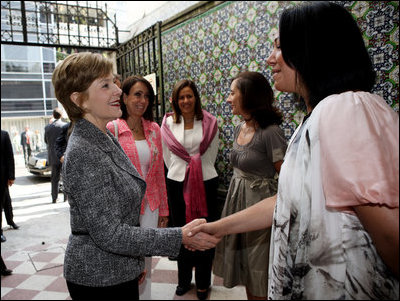 Mrs. Laura Bush is greeted Friday, March 14, 2008, on her arrival to a meeting of the Mexican Association Against Breast Cancer (Fundacion Cim*ab) in Mexico City. From left are Mrs. Maria Asuncion Garza, wife of U.S. Ambassador to Mexico Antonio Garza, Jr., Mrs. Margarita Zavala, wife of Mexico's President Felipe Calderon, Ms. Bertha Aguilar de Garcia, president of Cim*ab, and Ms. Rosaela Gijon, director of Cim*ab.