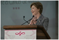 Mrs. Laura Bush addresses an audience Friday, March 14, 2008, prior to the signing of the U.S.-Mexico Partnership for Breast Cancer Awareness and Research agreement at the Interactive Economics Museum in Mexico City.