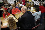 Mrs. Laura Bush, joined by Kansas U.S. Senator Pat Roberts, visits with students Tuesday, March 25, 2008, at the Rolling Ridge Elementary School in Olathe, Kansas. Mrs. Bush honored the school and students for their exceptional volunteer work.