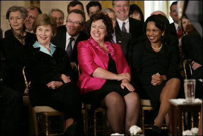Mrs. Laura Bush is joined by Therese Rein, wife of Australian Prime Minister Kevin Rudd, and U.S. Secreatry of State Condoleezza Rice, right, during the joint press availability with President George W. Bush and Prime Minister Rudd Friday, March 28, 2008, in the East Room of the White House.