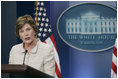 Mrs Laura Bush addresses reporters in the James S. Brady Press Briefing Room Monday, May 5, 2008 at the White House, urging the Burmese government to accept the humanitarian assistance being offered by the United States to the people of Burma in the aftermath of the destruction caused by Cyclone Nargis.