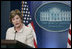 Mrs Laura Bush addresses reporters in the James S. Brady Press Briefing Room Monday, May 5, 2008 at the White House, urging the Burmese government to accept the humanitarian assistance being offered by the United States to the people of Burma in the aftermath of the destruction caused by Cyclone Nargis.