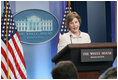 Mrs Laura Bush addresses reporters in the James S. Brady Press Briefing Room Monday, May 5, 2008 at the White House, on the humanitarian assistance being offered by the United States to the people of Burma in the aftermath of the destruction caused by Cyclone Nargis