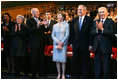 President George W. Bush and Laura Bush are applauded as they attend the Israeli Presidential Conference 2008 at the Jerusalem International Center in Jerusalem, Wednesday, May 14, 2008, during a celebration in honor of the nation's 60th anniversary. From left are U.S. Secretary of State Condoleezza Rice, Mrs. Aliza Olmert, Israeli Prime Minister Ehud Olmert, and Israeli President Shimon Peres.