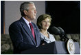 With Mrs. Laura Bush by his side, President George W. Bush delivers remarks at a reception Thursday, May 15, 2008, at the Israel Museum in Jerusalem in honor of the 60th anniversary of the state of Israel.