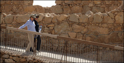 Mrs. Laura Bush and Mrs. Aliza Olmert leave the upper terrace of Masada during their visit Thursday, May 15, 2008. Masada, built by King Herod of Judea, was the last bastion of Jewish freedom fighters against the Romans; its fall signaled the violent destruction of the kingdom of Judea at the end of the Second Temple period.