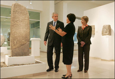 Amanda Weiss, Director of Bible Lands Museum Jerusalem, leads President George W. Bush and Mrs. Laura Bush on a tour of the museum Friday, May 16, 2008. Founded by the late Dr. Elie Borowski, the museum fulfills his goal to assemble as many objects from the biblical period as could be found in order to create an institution of learning – a unique resource of universal stature where people of all faiths would come to learn about biblical history and return to the morals and ethics of the Bible.