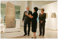 Amanda Weiss, Director of Bible Lands Museum Jerusalem, leads President George W. Bush and Mrs. Laura Bush on a tour of the museum Friday, May 16, 2008. Founded by the late Dr. Elie Borowski, the museum fulfills his goal to assemble as many objects from the biblical period as could be found in order to create an institution of learning – a unique resource of universal stature where people of all faiths would come to learn about biblical history and return to the morals and ethics of the Bible.