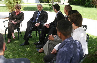 President George W. Bush and Mrs. Laura Bush participate in a roundtable discussion with a group of youths at the Bible Lands Museum Jerusalem Friday, May 16, 2008. Young leaders interested in fostering peace in their country, the youths represented cross cultures, including Jews, Israel Arabs, Palestinians and an immigrant from Ethiopia.