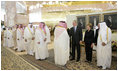 President George W. Bush and Mrs. Laura Bush are greeted by the Saudi delegation as they stand with King Abdullah bin Abdulaziz during arrival ceremonies Friday, May 16, 2008, at Riyadh-King Khaled International Airport in Riyadh.