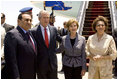 President George W. Bush and Laura Bush are welcomed by Egyptian President Hosni Mubarak and his wife, Susan Mubarak, upon their arrival Saturday, May 17, 2008, to Sharm el-Sheik International Airport in Sharm el-Shiek, Egypt.
