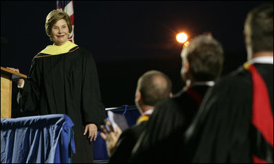 Mrs. Laura Bush smiles during applause after delivering the commencement speech for the Class of 2008 Thursday, May 29, 2008, at Enterprise High School in Enterprise, Alabama.