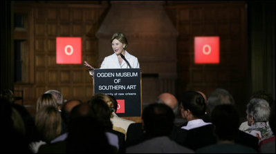 Mrs. Laura Bush speaks during the 2008 IMLS Grant Awardees during her visit to the Ogden Museum for Southern Art Friday, May 30, 2008, in New Orleans. The Institute of Museum and Library Services (IMLS) Grant provided financial assistance to seven museums on the Gulf Coast, the Southeastern Library Network, and other preservation causes in the region.