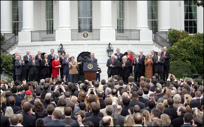President George W. Bush speaks to employees of the Executive Office of the President Thursday, Nov. 6, 2008, about the upcoming transition. In thanking the staff, the President said, "The people on this lawn represent diverse backgrounds, talents, and experiences. Yet we all share a steadfast devotion to the United States. We believe that service to our fellow citizens is a noble calling -- and the privilege of a lifetime."