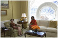 Mrs. Laura Bush and Mrs. Michelle Obama sit in the private residence of the White House Monday, Nov. 10, 2008, after the President-elect and Mrs. Obama arrived for a visit.