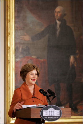 Mrs. Laura Bush delivers remarks during the Coming Up Taller Awards Friday, Nov. 14, 2008, in the East Room of the White House. Mrs. Bush stated during her remarks, "Congratulations to all the recipients of the 2008 Coming Up Taller Awards! Because of the programs you represent, young people are building the confidence to paint, dance, speak, sing and in every one of their communities, to walk taller. Thank you all very, very much."