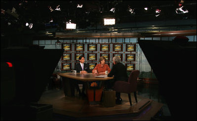 Mrs. Laura Bush talks with NBC host Tom Brokaw for the Sunday, Nov. 30, 2008, edition of "Meet the Press" at the NBC studios in Washington, D.C. The two are joined by Said T. Jawad, Afghanistan’s Ambassador to the United States, as they discuss progress in Afghanistan.