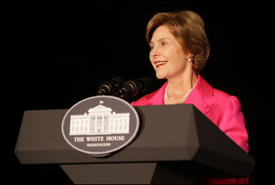 Mrs. Bush addresses a group gathered for the lighting of the White House, Oct. 7, 2008, in the color pink in honor of Breast Cancer Awareness Month. Mrs. Bush thanked the researchers, doctors, advocates and others who have worked to fight the disease that is the leading cause of death in women. Mrs. Bush has worked to make the fight on cancer and cancer prevention a global effort.