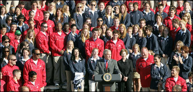 President George W. Bush joined by Mrs. Laura Bush delivers remarks to the members of the 2008 United States Summer Olympic and Paralympic Teams Tuesday, Oct. 7, 2008, on the South Lawn of the White House. The President said in his remarks, "The Olympic and Paralympic teams worked hard to get to this moment. Whether you won a medal or not, it really doesn't matter in the long run. What really matters is the honor you brought to your sports and to your families and to your country."