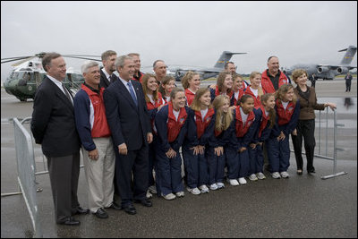 President George W. Bush and First Lady Laura Bush pose with members of the 2008 Little League World Searies Championship team at Charleston Air Force Base in Charleston, S.C., Friday, October 10, 2008.