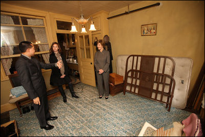 Mrs. Laura Bush and daughter Barbara Bush visit the Lower East Side Tenement Museum in New York City, Friday, Oct. 24, 2008. The tour led by the museum's Vice President of Public Affairs, Mr. David Eng. Mrs. Bush said that it is important for all Americans to remember where we have come from and reflect on our history. She added that the museum makes it possible for visitors to see the past and remind us of our heritage in a diverse, thriving and immigrant culture.